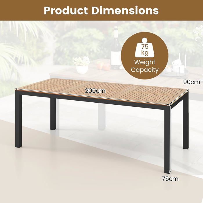 Table De Jardin En Bois D'Acacia Avec Trou Parasol - 200x90x75 Cm - Pour 8 Personnes - Intérieur/Extérieur - Pieds Métal Noir - 8