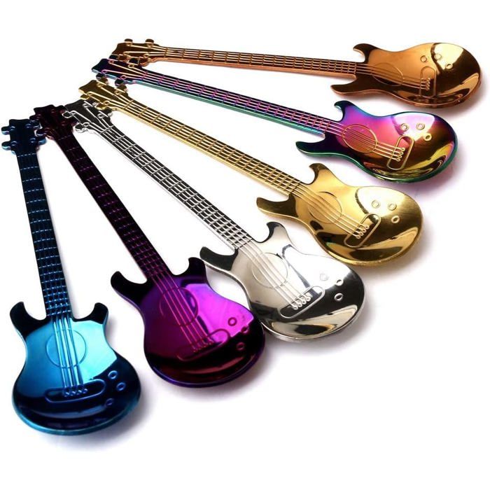 Lot De 6 Cuillères à Café En Forme De Guitare Et Note De Musique - Acier Inoxydable Argenté