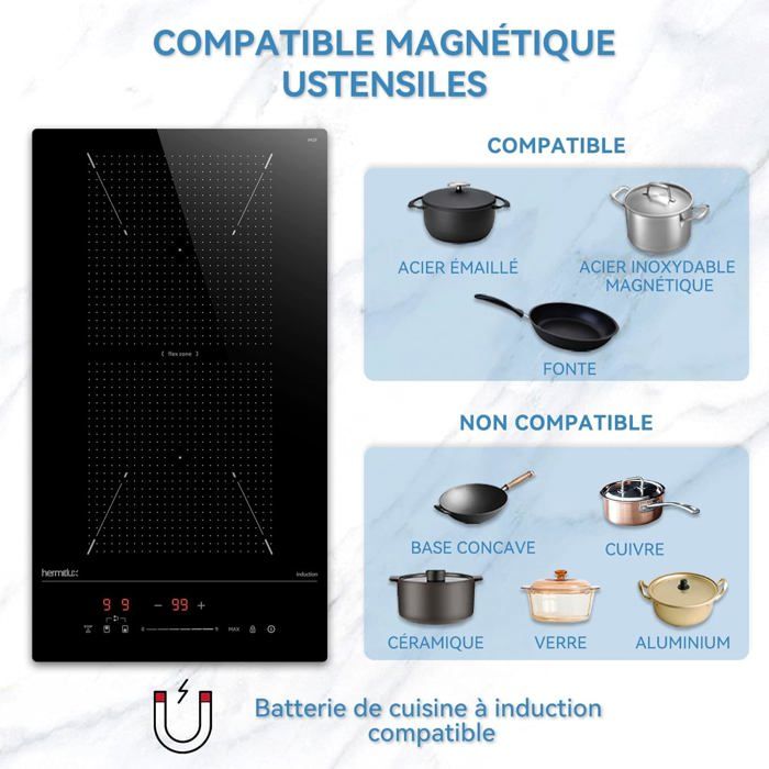 Hermitlux Domino Plaque Induction 2 Feux Encastrable 30CM 3500W - Vitrocéramique Noire Tactile
