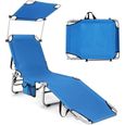 GOPLUS Chaise Longue Pliable Inclinable à 5 Positions,Auvent Rotatif à 360°,Charge 150 KG, Cadre en Acier,pour Patio-Plage,Bleu-0