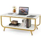 COSTWAY Table Basse Imprimée Marbre 2 Niveaux, Table de Salon Rectangulaire avec Cadre en Métal Doré pour Bureau, Salle de