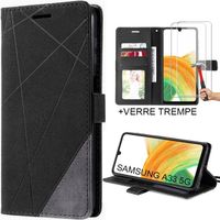 Coque Effet Cuir pour Samsung Galaxy A33 5G Antichoc Noir + 2 Verres Trempés