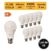 Lot 10 ampoules LED B22 11,1W 1055Lm 6400K - garantie 5 ans