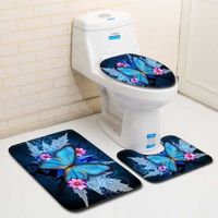 HX11134-Salle de bain imprimé papillon Sets 3Pcs Tapis Salle de Bain Toilettes WC Cuvette Couvercle Anti-Dérapant Décor style 02