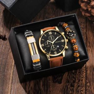 MONTRE Coffret montre homme+ bracelets – affichage du calendrier chiffres romains bracelet en cuir bracelet en perles mode classique