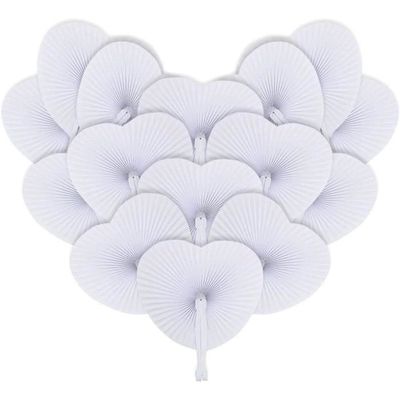12 Éventails En Papier Pliants En Forme De Cœur - Blanc - Pour Mariage, Anniversaire, Décoration
