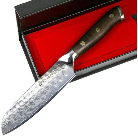 Couteau Stallion Couteau Damas Santoku en bois de fer 12,5 cm - Couteau en acier Damas avec manche en bois de fer dans une bo&ic246