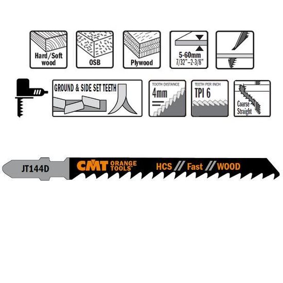 Lot de 5 lames de scie sauteuse T744D en acier carbone 6 TPI 150 mm de longueur de travail droite coupe rapide en T pour bois et plastique
