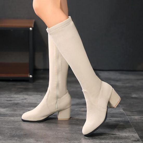 Bottes Femmes Dames Mode Solide Sur Le Genou Zipper Beige