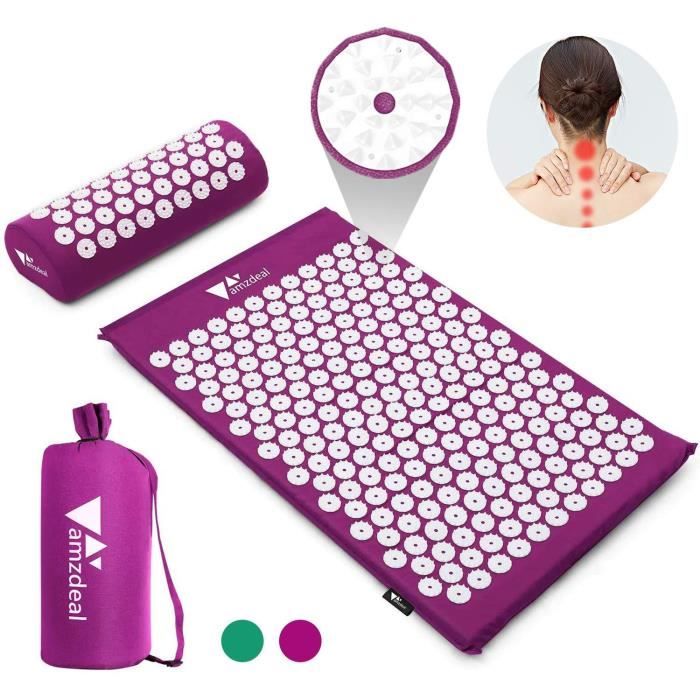 AMZDEAL Kit Tapis d'Acupression - Tapis de Massage - Tapis de Yoga d' Acupuncture - Oreiller de Massage et Sac de Transport - Violet