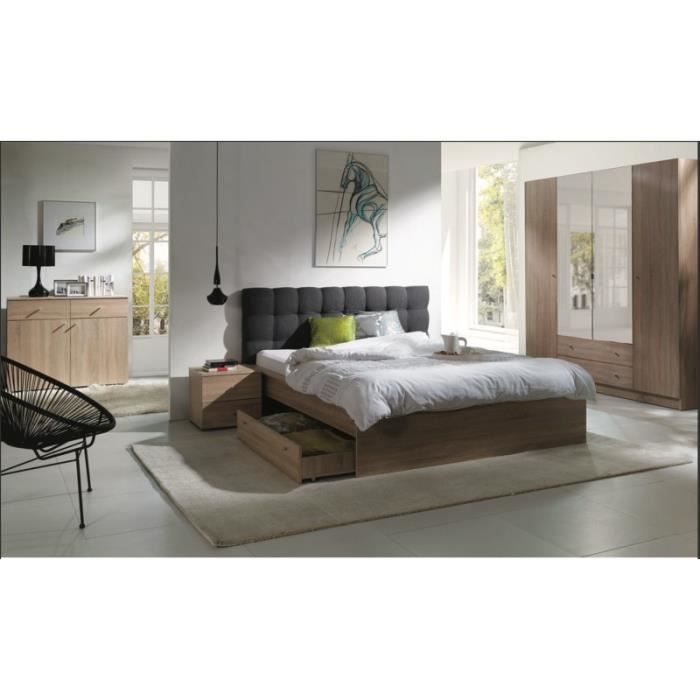 Chambre à coucher complète MAXIM. Lit adulte 160x200 cm + tiroir + sommier + chevets + commode + armoire/garde robe