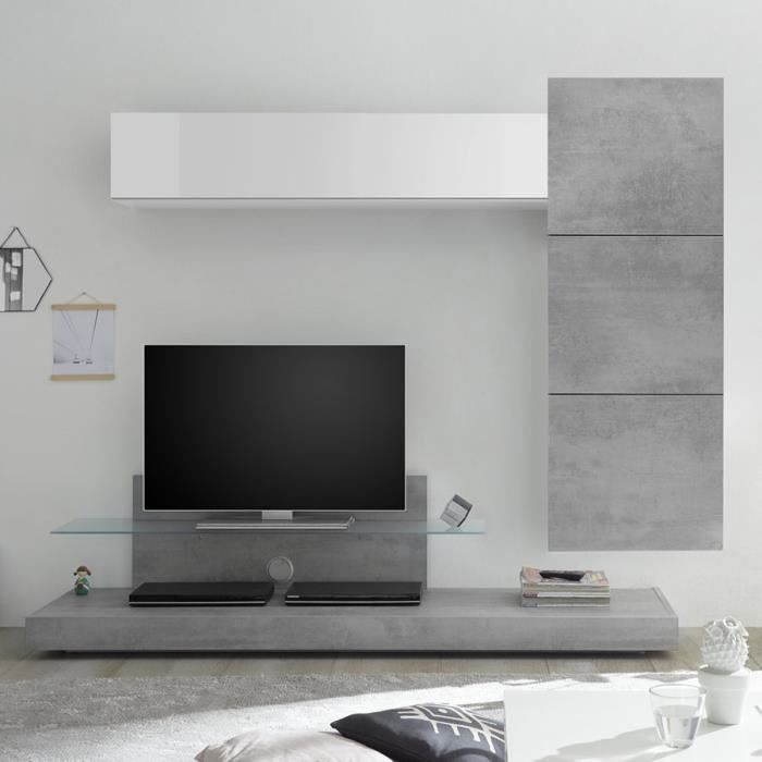 Ensemble meuble tele gris béton et blanc laqué CERANO Gris L230 x P 190 x H 50 cm