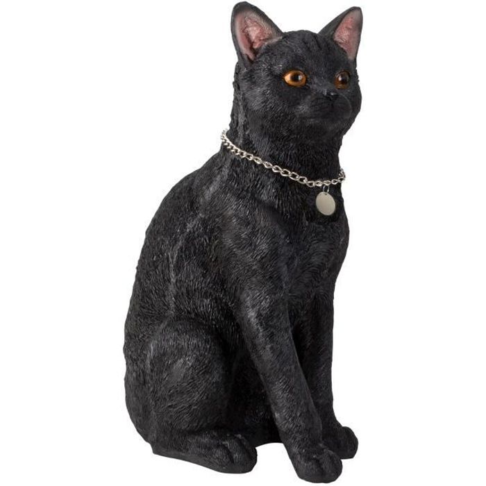 Grande sculpture Figurine Déco Chat en pierre artificielle noire avec pendentif en argent Hauteur 40 cm Largeur 25 cm