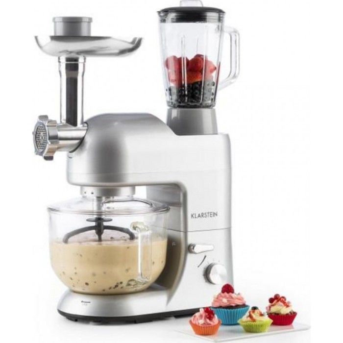 Robot pâtissier - Klarstein Lucia - Robot de cuisine - Robot multifonction - Mixeur - Hachoir - 1200W - Bol 5l - 6 vitesses - Argent