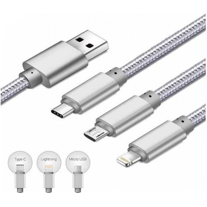 Cable de charge resistant 1 Mètre triple embout chargeur pour Apple, Huawei, Samsung Couleur Argent -Marque YuanYuan