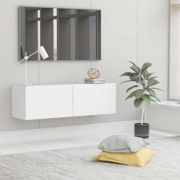Meuble TV Mural Design Tendance Contemporain - Avec 2 Portes Abattantes - Blanc brillant Aggloméré - 100x30x30 cm