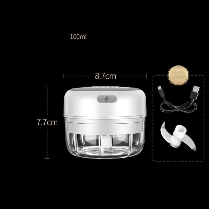 Mini broyeur à ail électrique Portable sans fil, chargeur USB pour ail écrasé, gingembre et légumes écrasés, 100ml White