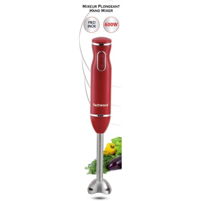 Mixeur Plongeant 600W Rouge Pied et Lame en Acier Inoxydable 2 Vitesses