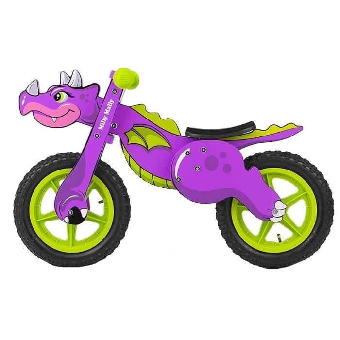 Milly Mally Draisienne à 2 roues loopfiets Wooden Dino 12 pouces Junior Violet/Vert