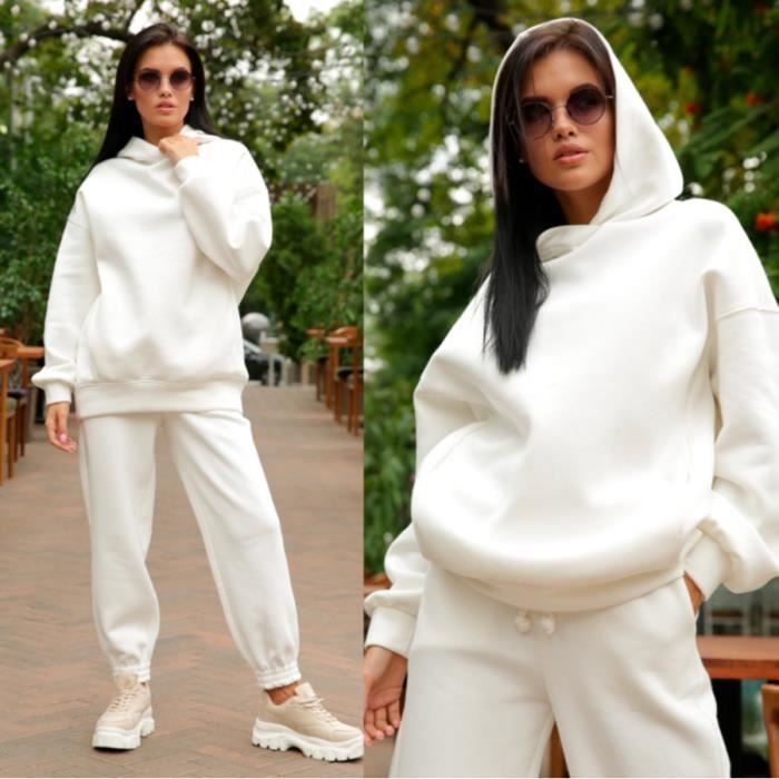 Survêtement Femme Ensemble 2pcs Manches Longues Sweatshirts avec Doublure Chaude Sweat à Capuche et Pantalon pour Jogging Sports