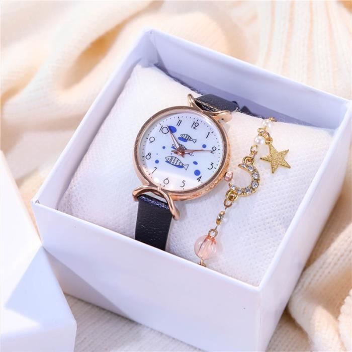 Coffret montre enfant fille + bracelet – poisson mignonne mode diamant noir cadeaux pour enfants