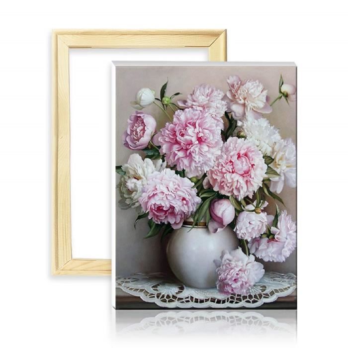 ufengke Kit Broderie Diamants Bouquet de Fleurs Mosaique Peinture Diamant Résine Rond 5D Point de Croix avec Cadre en Bois,