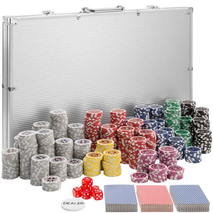 TECTAKE Coffret, Malette, Set de Poker 1000 Jetons + 2 Jeux de 54 Cartes en Aluminium Gris