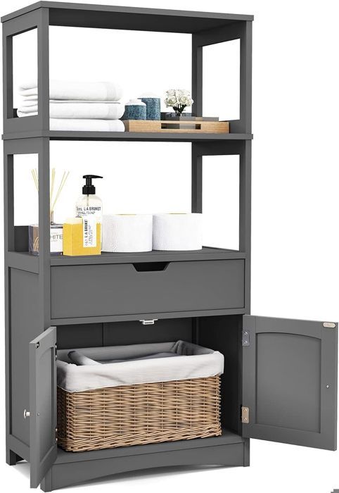 GIANTEX Meuble Salle de Bain avec Tiroir et 3 Etagères Placard à Portes pour Cuisine Chambre Salon 60x 32 5x 122 cm Gris
