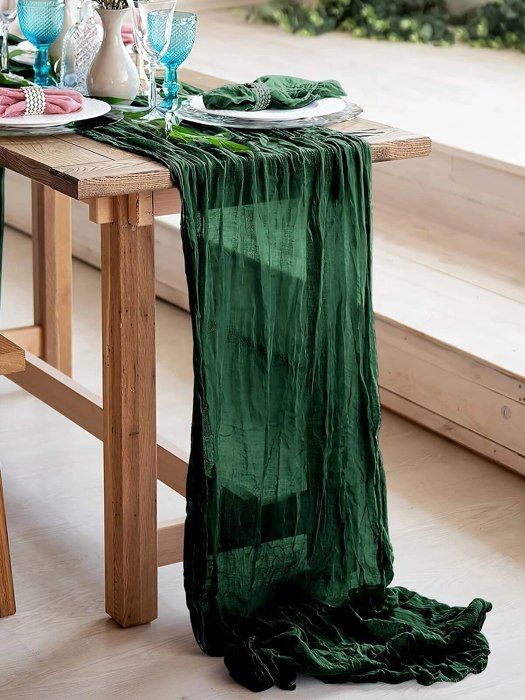 Chemin De Table Bohème Vert Sauge - Tissu Gaze Rustique 90x400 Cm - Décoration Élégante Pour Fêtes Et Maison