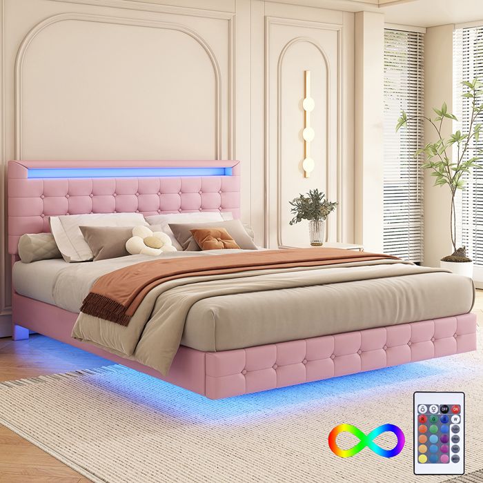 Lit adulte Lit 140x200 cm lumière dambiance LED suspension matériau PU tête de lit réglage de la hauteur Rose Lit adulte Lit 140x200 cm lumière dambiance LED suspension matériau PU tête de lit réglage de la hauteur Rose