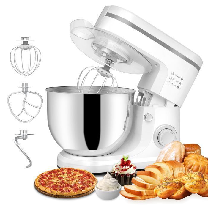 KITYTETY Robot Pâtissier 1500W 6 Vitesses Robot pétrin multifonction avec Bol 6L Batteur Fouet Crochet Robot de cuisine Blanc