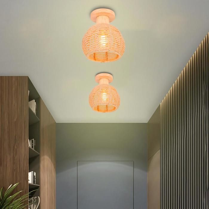 WOTTES Plafonnier Vintage Industrielle E27 Lampe de Plafond Bois Rétro 4PCS Ø20cm Abat-jour Cage en Corde de Chanvre pour Cuisine - Wottes