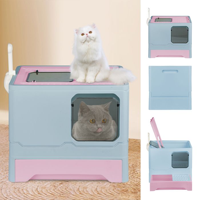 Comparer les prix de B.LIVEM Maison pour Chat en PP Bac à Litière à Tiroir XL Pelle gratuite Grande Capacité 45×35×38cm Rose + Bleu