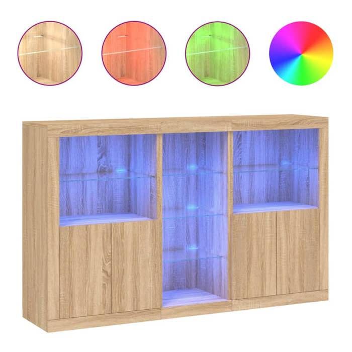 3 pcs Buffets avec lumières LED,Meuble de Rangement,Bahut chêne fumé