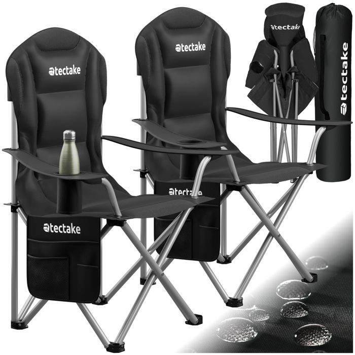 Chaise de camping - TECTAKE - Lot de 2 fauteuils MTX rembourrés pliables et déperlants avec sac inclus 885 x 55 x 103 cm - Noir