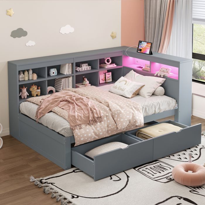 Lit Gigogne 90X200 cm avec Étagères et Compartiments de Rangement Lit Simple avec USB et Prise de Courant avec Bande LED Gris