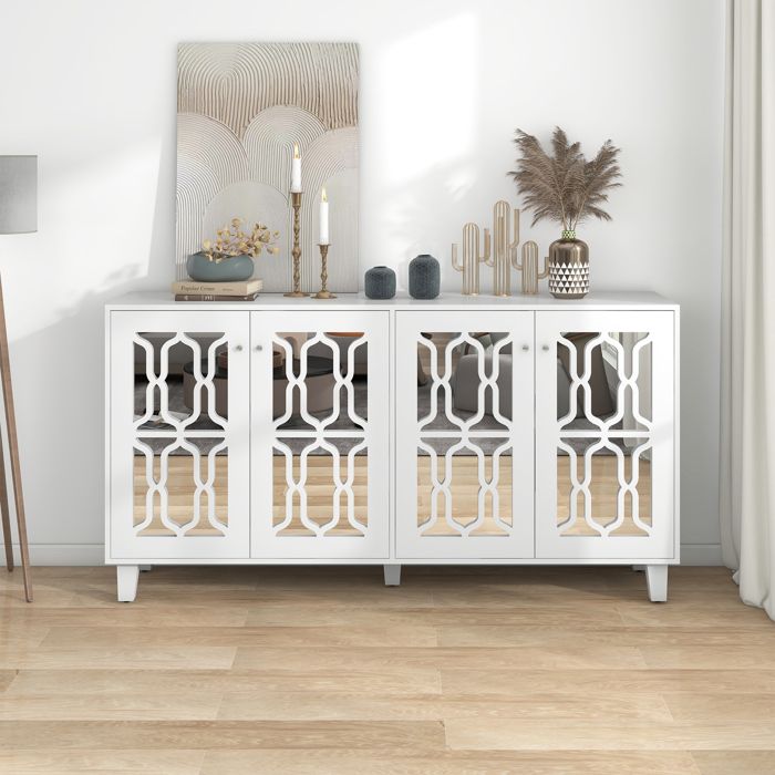 Buffet blanc en miroir -SEYAKANY - avec poignées en cristal quatre portes avec stratifié mobile. 160x 40x 84 cm