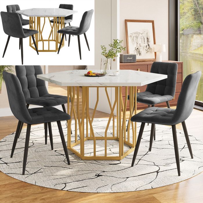 Table Salle à Manger - Hexagonale - MDF Imitation Marbre - 4 Chaises Velours Gris - Design Moderne