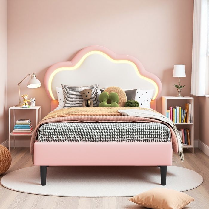 Lit enfant 90*200 cm lit simple tête de lit réglable avec LED tête de lit en forme de nuage lit fille lit princesse cuir