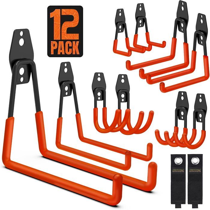 Locawaya Lot De 12 Crochets De Garage Robustes – Crochets Muraux J En Acier Anti-Rouille – Rangement Outils & Jardin Jusqu'à 22 Kg