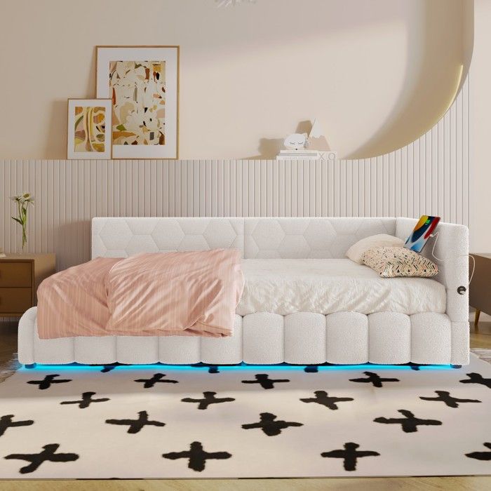 Lit Simple Canapé-lit méridienne 90x200cm sommier lattes LED USB/Type-C hydraulique blanc-sans Matelas