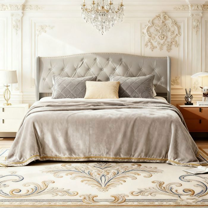 Lit coffre 140x200 cm - NMONET - Velours gris - Tête de lit rembourrée - Rangement intégré - 300 kg