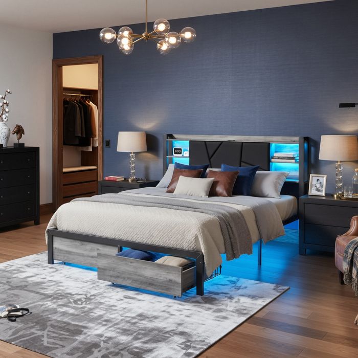 Lit plat 160x200cm avec LED USB Lit double avec Tête de lit Bibliothèque Lit adulte avec 2 Tiroirs noir