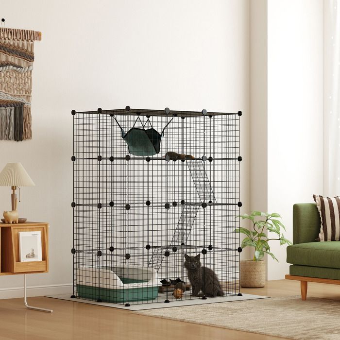 Comparer les prix de Cage pour chat dintérieur parc pour chat en acier à 4 niveaux DIY avec 5 portes hamac 1-3 chats 105 x 70 x 140 cm noir