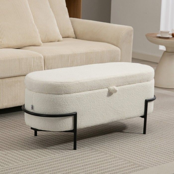 Tabouret de rangement blanc crème pouf avec couvercle rembourré polaire et pieds acier - Organisez votre espace avec élégance Tabouret de rangement blanc crème pouf avec couvercle rembourré polaire et pieds acier - Organisez votre espace avec élégance