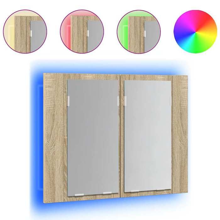 Armoire à miroir LED de salle de bain - GKO - Chêne sonoma - 60x12x45 cm - Bois dingénierie - Acrylique - Lumière RVB
