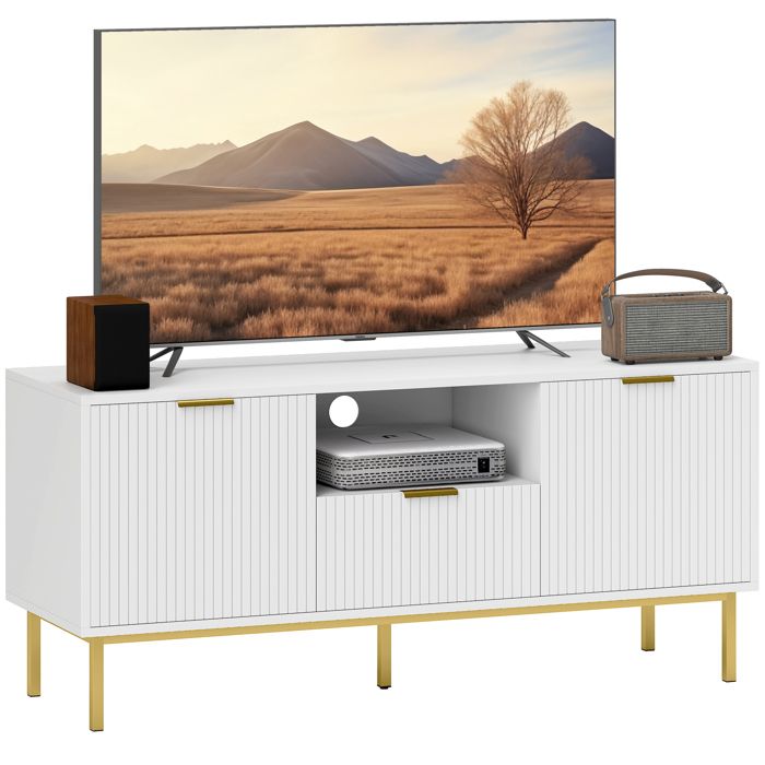 HOMCOM Meuble Tv Design Dor&eacute; Blanc 2 Portes Tiroir Niche
