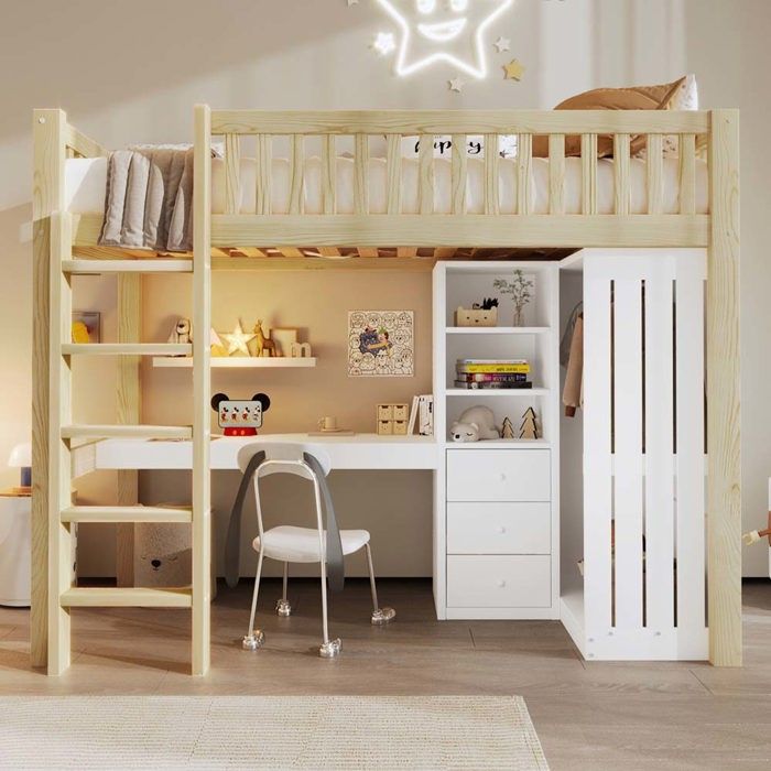 Lit mezzanine simple - 90 x 200 cm - Bureau intégré - Armoire + 3 tiroirs - Échelle sécurisée