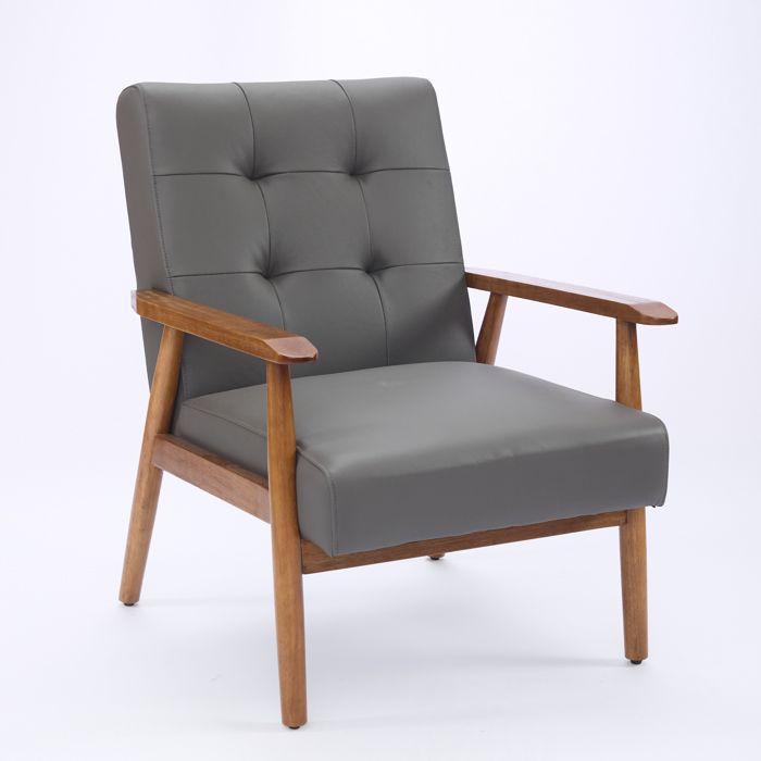 Fauteuil lounge en cuir véritable - RNCYN - Gris - Accoudoirs couleur noyer - Pieds en caoutchouc - Classique