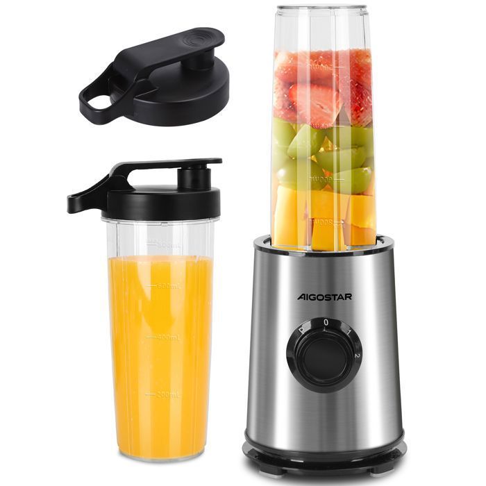 Aigostar Mixeur Blender Portable 600W 2 Bouteilles 800ml 4 Lames en Inox Base Inox Sans BPA pour Smoothies et Voyage.